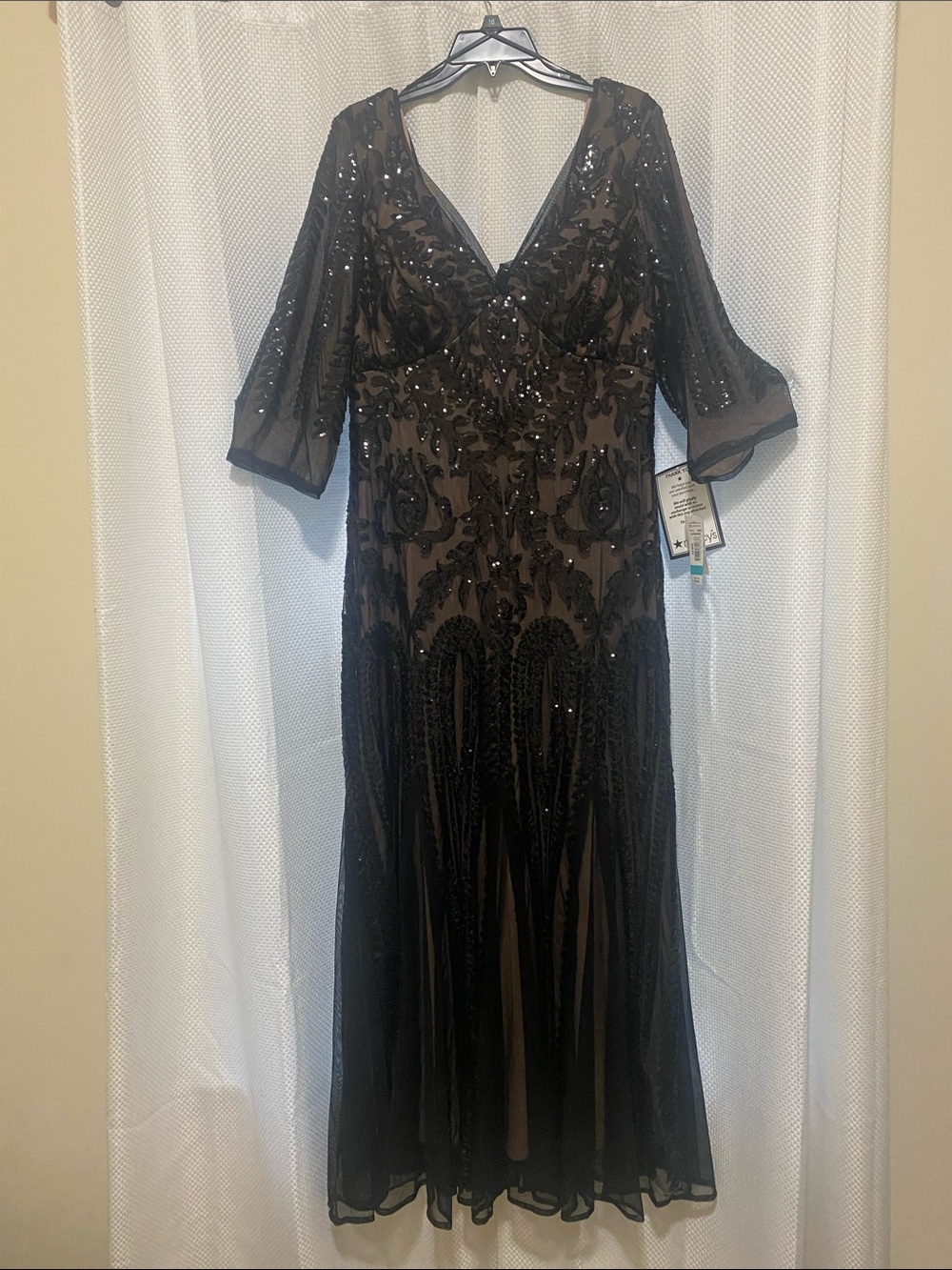 R & M Richard’s Black Beaded V-Neck Long Sleeve Evening Gown from Macy’s